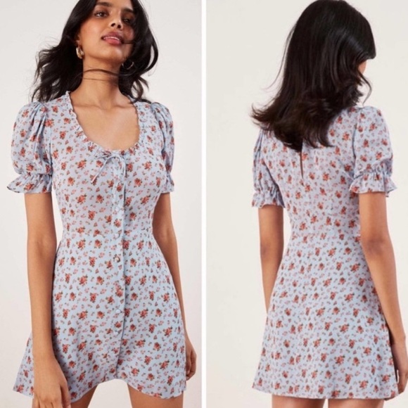 Reformation Page Mini Dress in Petunia Blue w Roses, Puff Sleeves, Split Back - Picture 4 of 14